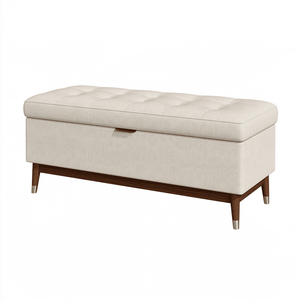 Banc de rangement 120 cm x 45 cm x 48 cm en tissu beige avec pieds en bois style moderne