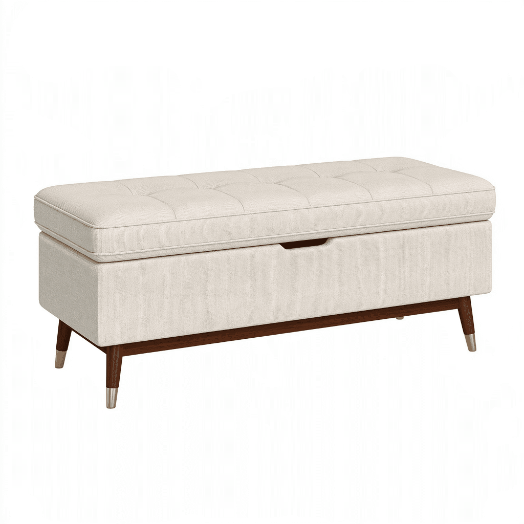Banc coffre 120 cm en tissu beige avec pieds en bois - assise capitonnée rangement style rétro