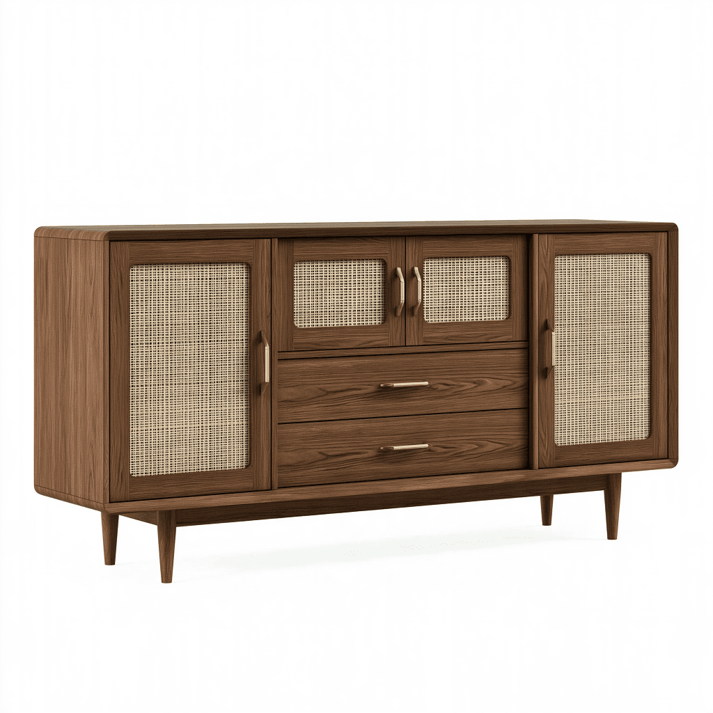 Buffet 160 x 40 x 85 cm en bois brun et cannage avec 4 portes et 2 tiroirs style rétro