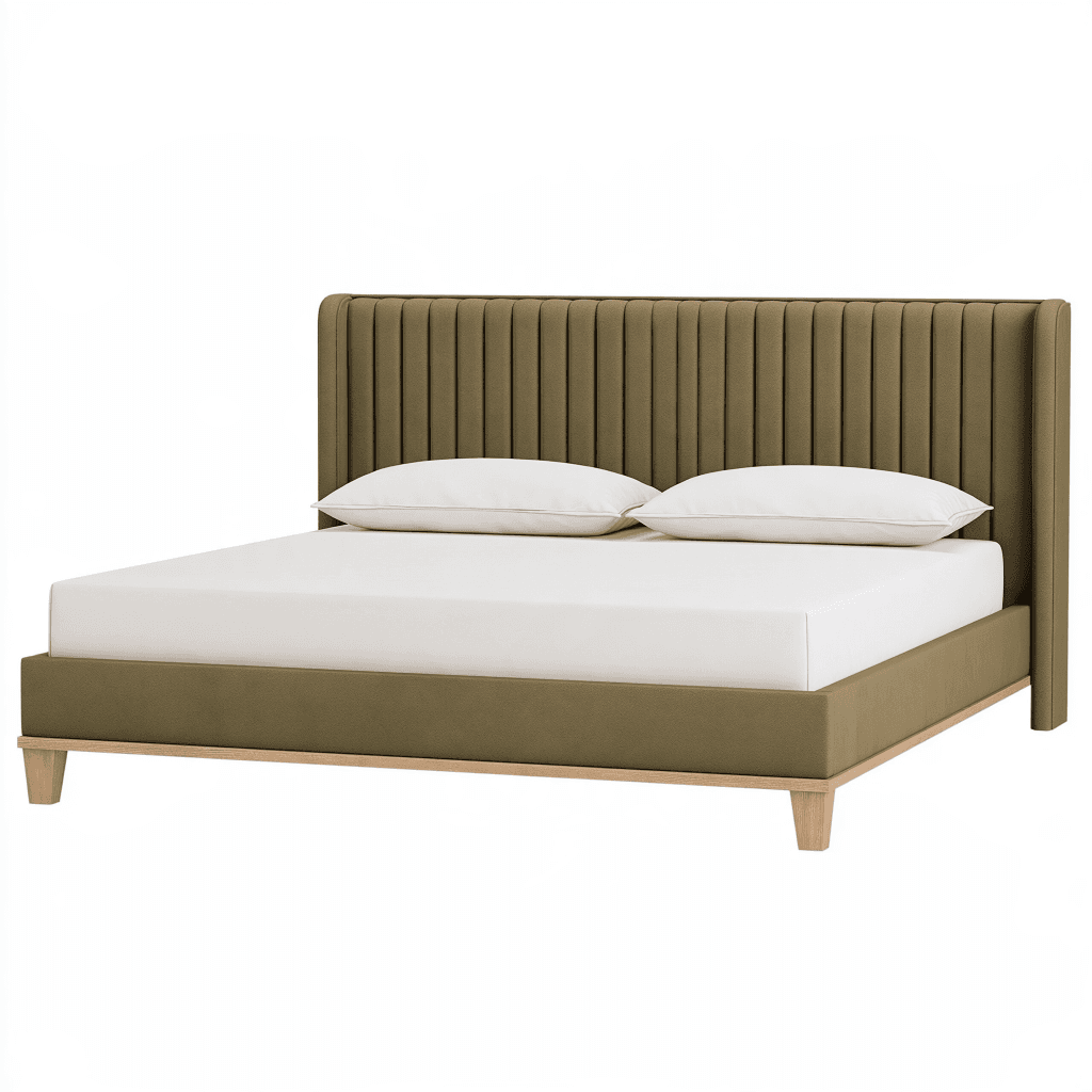 Lit double 160 x 200 cm en tissu kaki avec tête de lit capitonnée