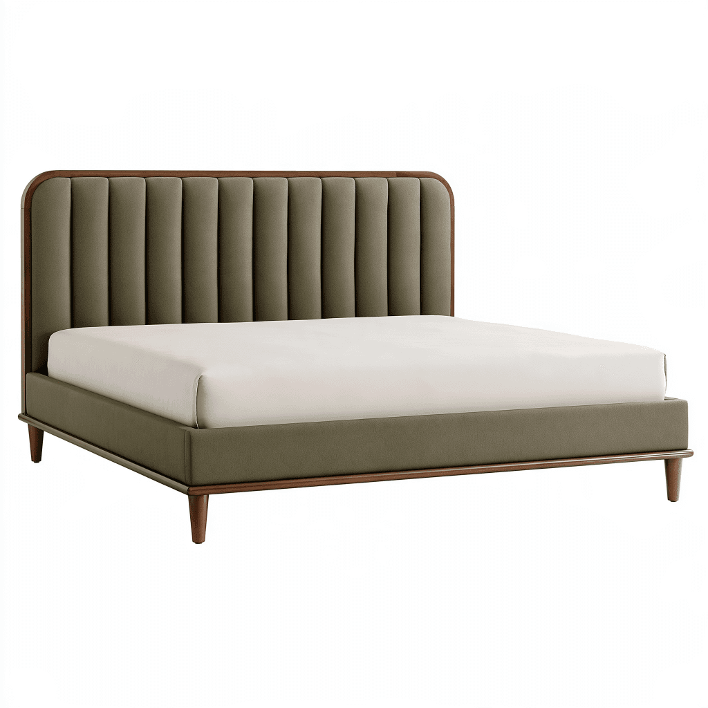 Lit 160 x 200 cm en tissu vert olive et bois avec tête de lit capitonnée