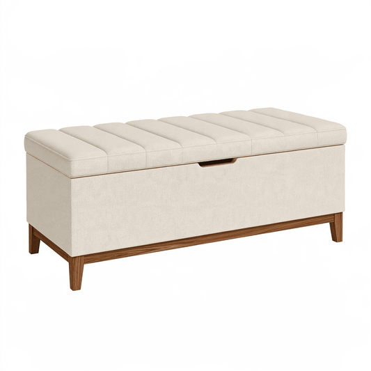 Banc coffre de rangement 120 x 45 x 48 cm en tissu beige avec pieds en bois style contemporain
