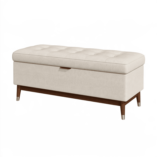 Banc de rangement 120 cm x 45 cm x 48 cm en tissu beige avec pieds en bois style moderne