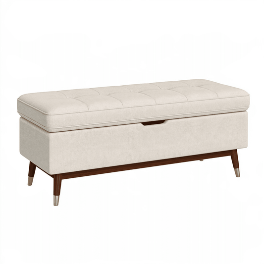 Banc coffre 120 cm en tissu beige avec pieds en bois - assise capitonnée rangement style rétro