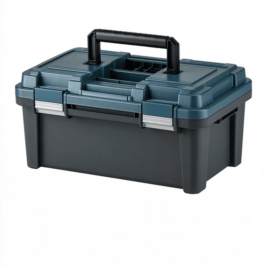 Boîte à outils 50 x 25 x 28 cm en plastique bleu foncé et noir avec poignée et organiseurs