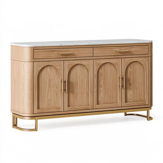 Buffet 180 x 45 x 90 cm en bois naturel et plateau effet marbre - rangement contemporain
