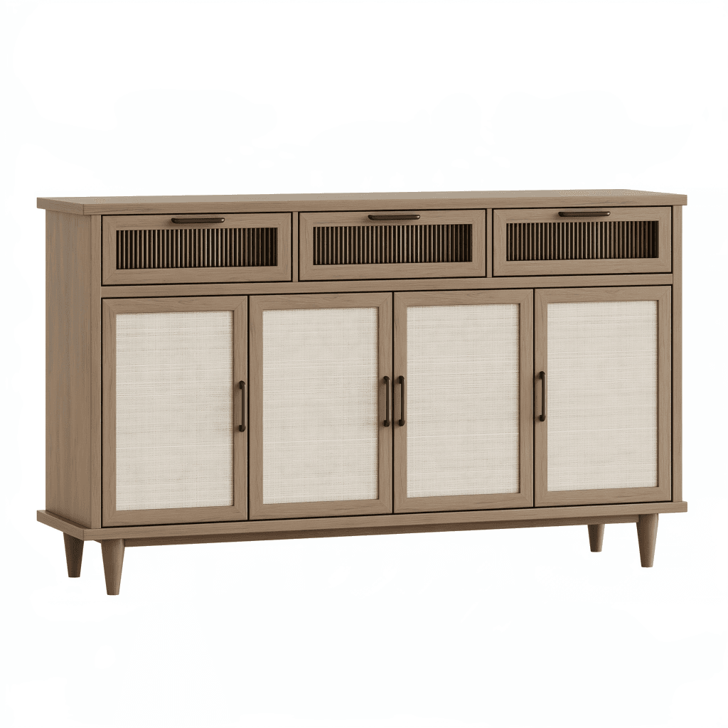 Buffet 160 x 40 x 95 cm en bois brun avec portes en cannage et tiroirs - rangement style naturel