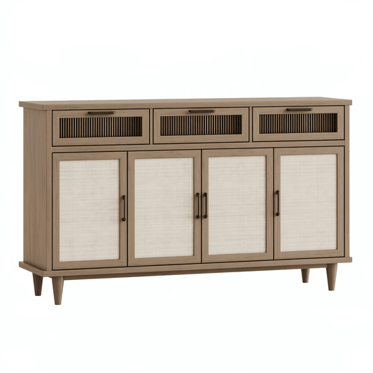 Buffet 160 x 40 x 95 cm en bois brun avec portes en cannage et tiroirs - rangement style naturel