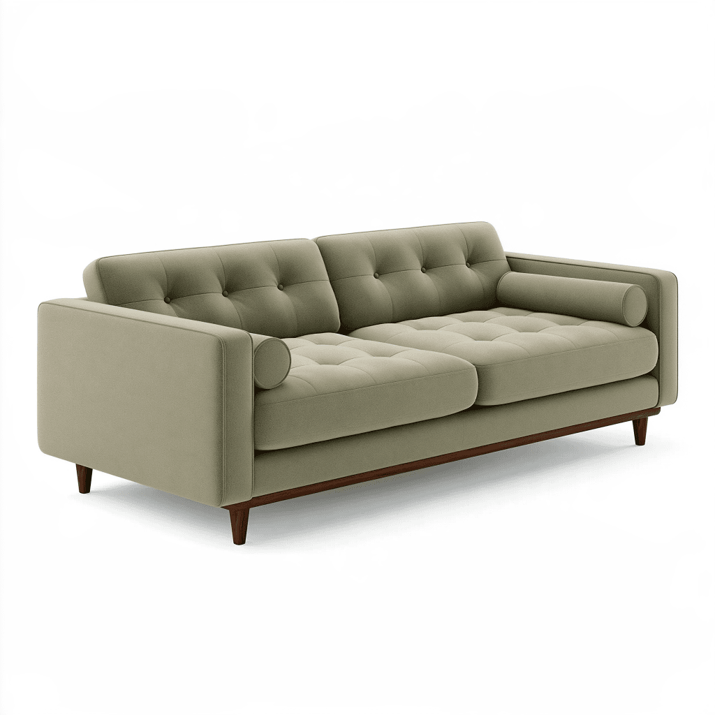 Canapé 3 places 220 x 90 x 85 cm en tissu vert kaki style capitonné avec pieds en bois