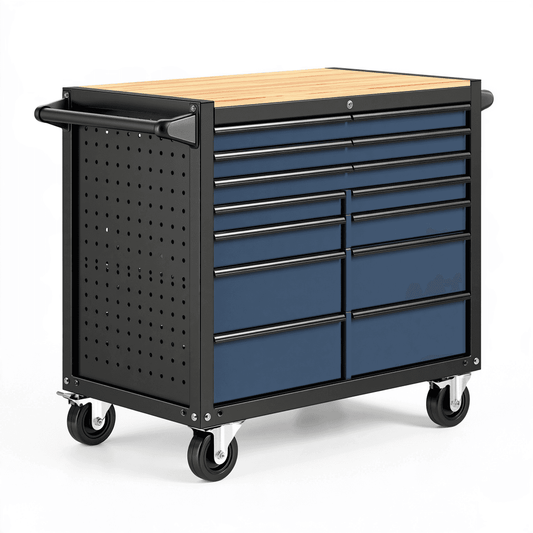 Servante d atelier 120 x 60 x 95 cm en acier bleu et noir avec plan de travail en bois à roulettes