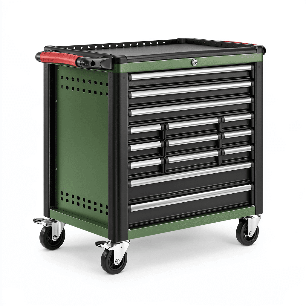 Servante d atelier 78 x 46 x 96 cm en acier vert noir à 14 tiroirs sur roulettes
