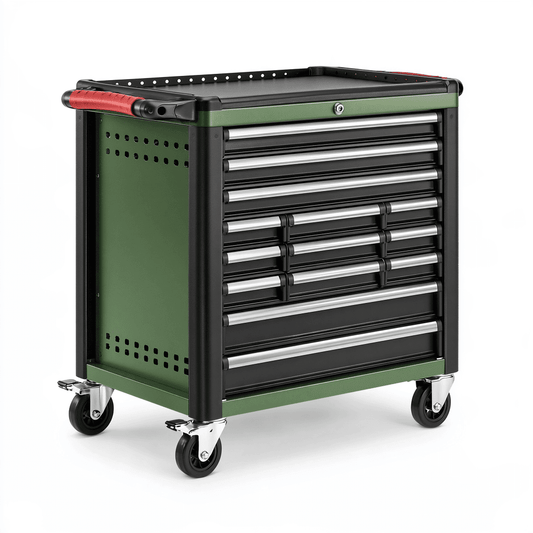 Servante d atelier 78 x 46 x 96 cm en acier vert noir à 14 tiroirs sur roulettes