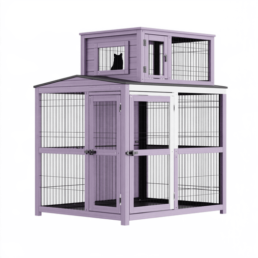 Enclos pour chat 180 x 90 x 180 cm en bois violet - structure à deux niveaux pour extérieur