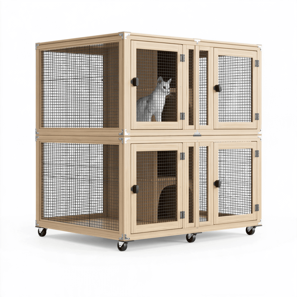 Cage pour chat 120 x 60 x 120 cm en bois naturel et grille métallique à roulettes