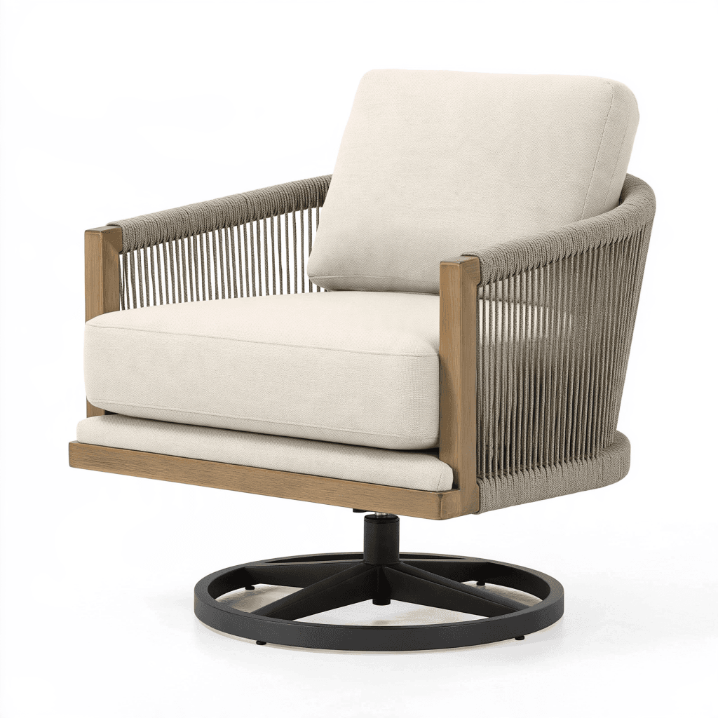 Fauteuil pivotant 85 x 90 x 88 cm en bois tissu crème et corde tressée