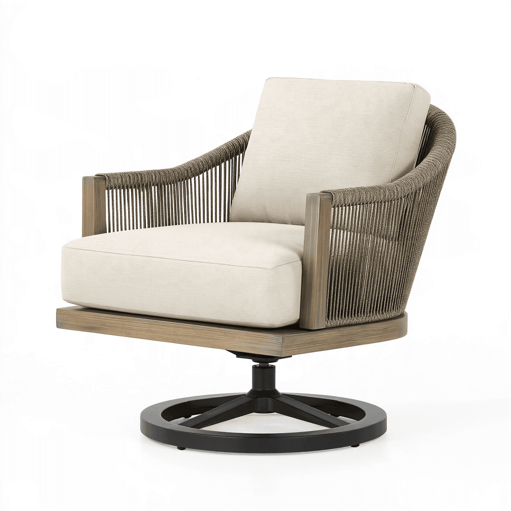 Fauteuil de jardin pivotant 80 x 82 x 78 cm en bois corde tressée et tissu beige