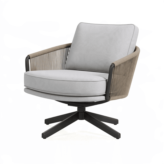 Fauteuil pivotant 78 x 78 x 84 cm en corde tressée beige et métal noir avec coussins gris