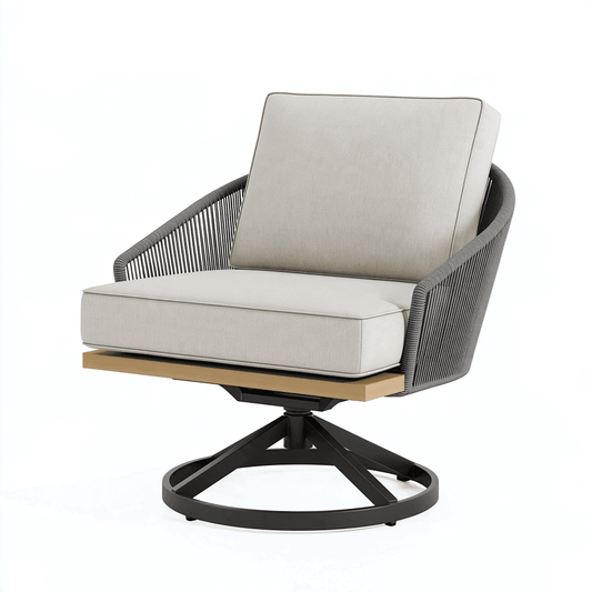 Fauteuil de jardin pivotant 78 x 82 x 85 cm en corde tressée beige et gris avec piètement métal