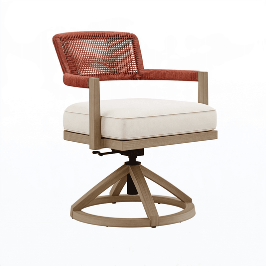 Fauteuil pivotant 70 x 70 x 86 cm en bois beige et corde terracotta style contemporain