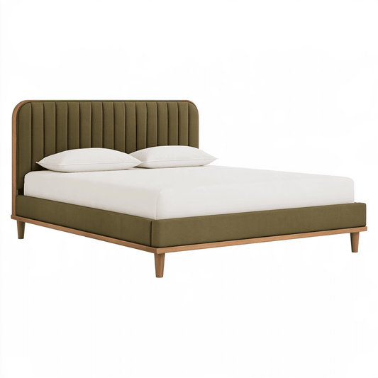 Lit 160x200 cm en tissu vert olive et bois à tête de lit capitonnée