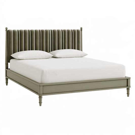 Lit 160 x 200 cm en bois et tissu vert olive avec tête de lit capitonnée style classique
