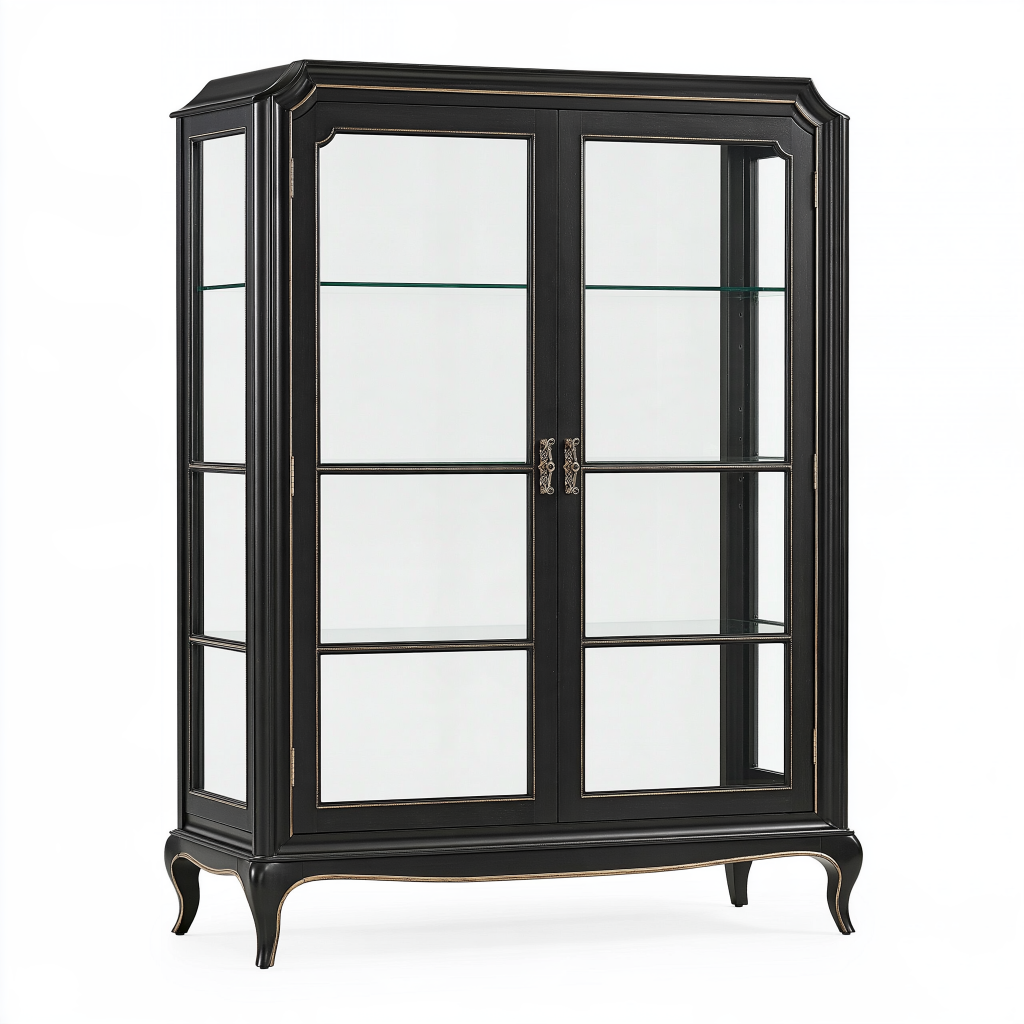 Vitrine 120 x 45 x 190 cm en bois noir et verre style classique à 2 portes