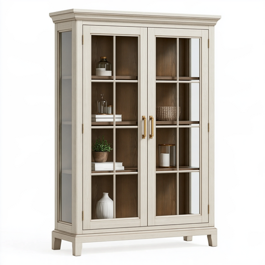 Vitrine 100 x 42 x 190 cm en bois beige avec portes vitrées style classique