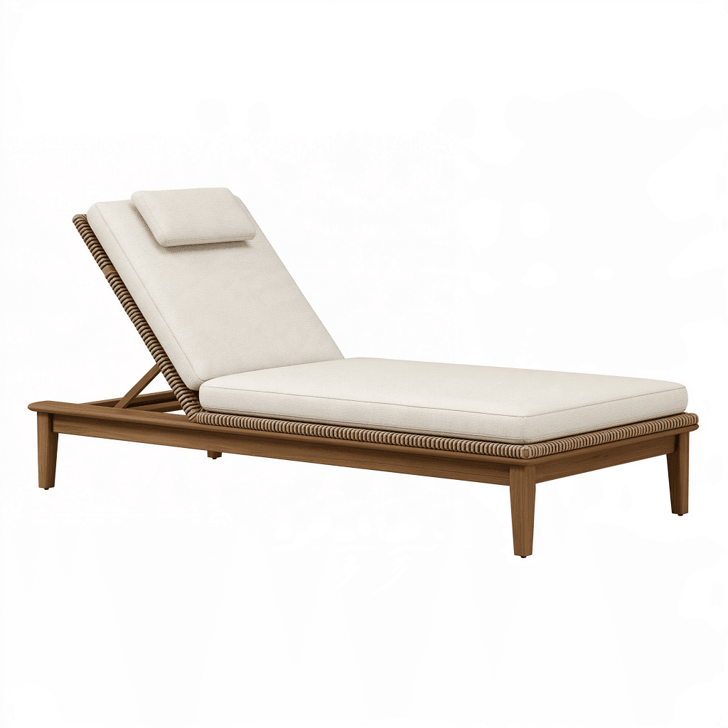 Chaise longue de jardin 200 x 70 cm en bois brun et tissu écru avec dossier réglable