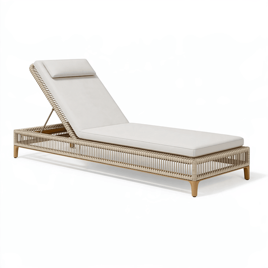 Chaise longue de jardin 200 x 70 cm en bois et fibres tressées beige inclinable