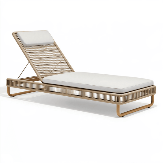 Chaise longue de jardin 200 x 70 cm en cordage tressé beige avec dossier réglable